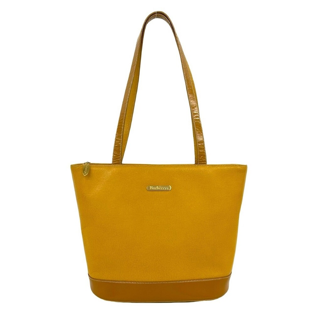 Burberrys Vintage Logo Hardware Nova Check Leather Tote Bag Semi Shoulder Yel...